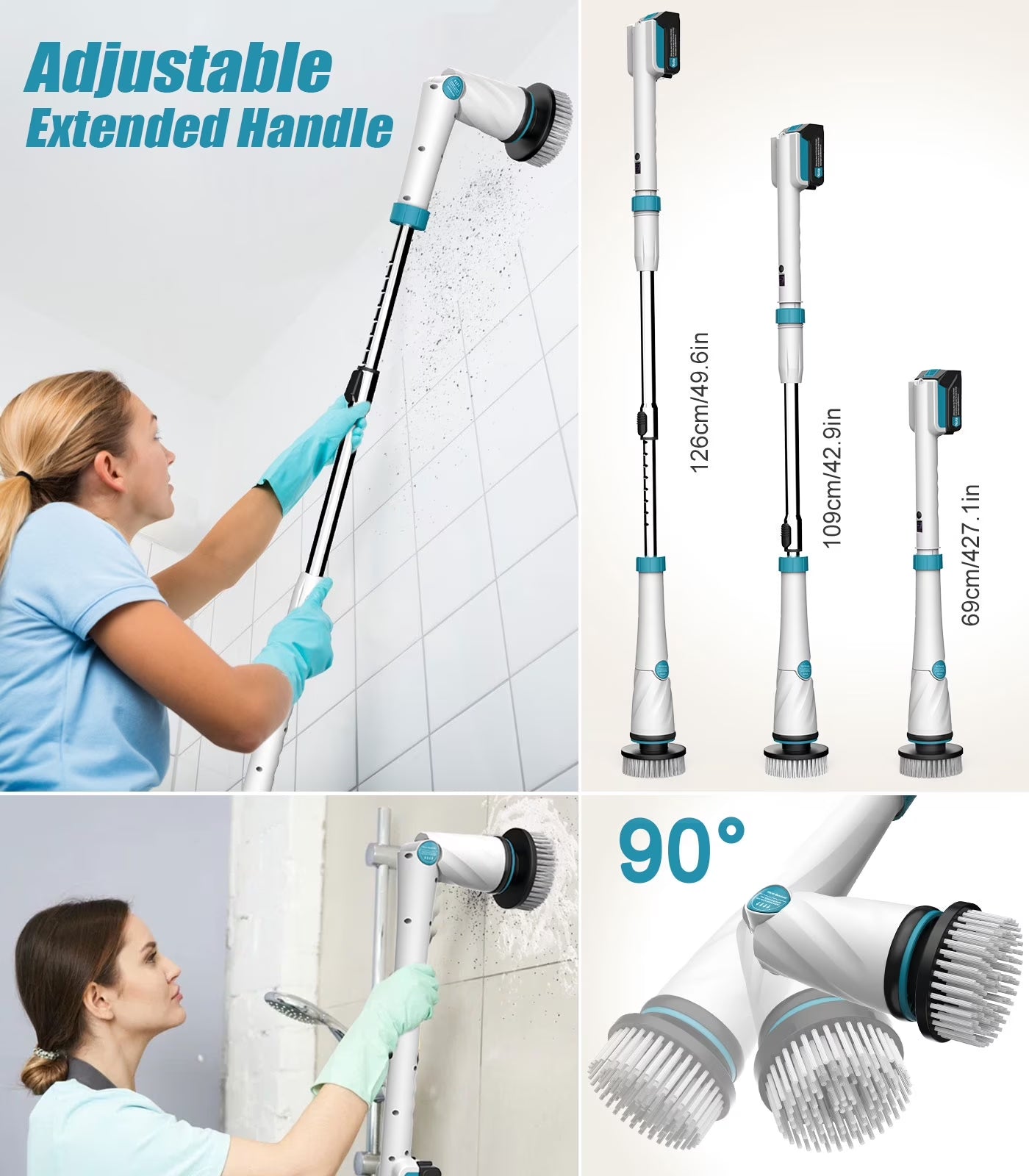 Electric Spin Scrubber with 6000 Mah Large Battery, 1200 RPM Cordless Cleaning Brush with 8 Replaceable Heads, Extension Handle & Display, Power Brush for Bathroom/Shower/Tub