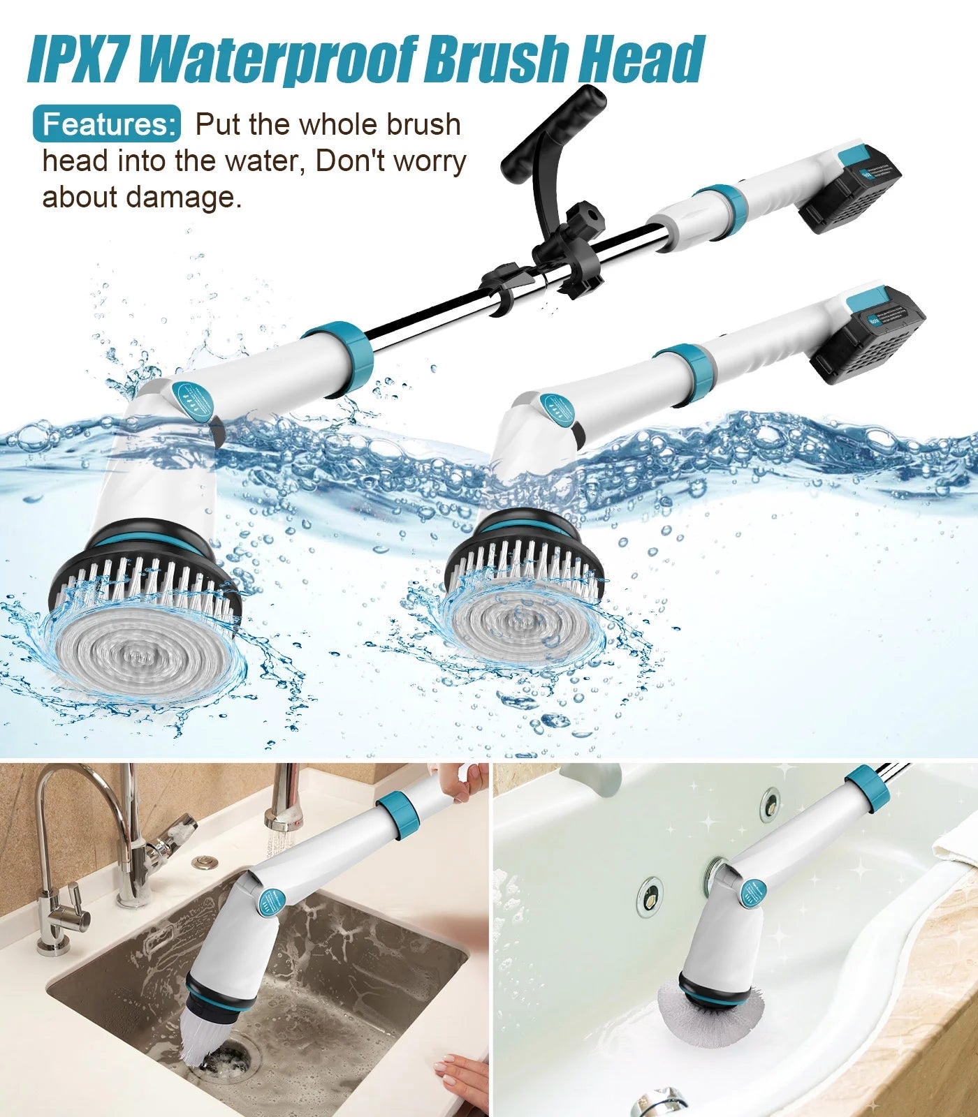 Electric Spin Scrubber with 6000 Mah Large Battery, 1200 RPM Cordless Cleaning Brush with 8 Replaceable Heads, Extension Handle & Display, Power Brush for Bathroom/Shower/Tub