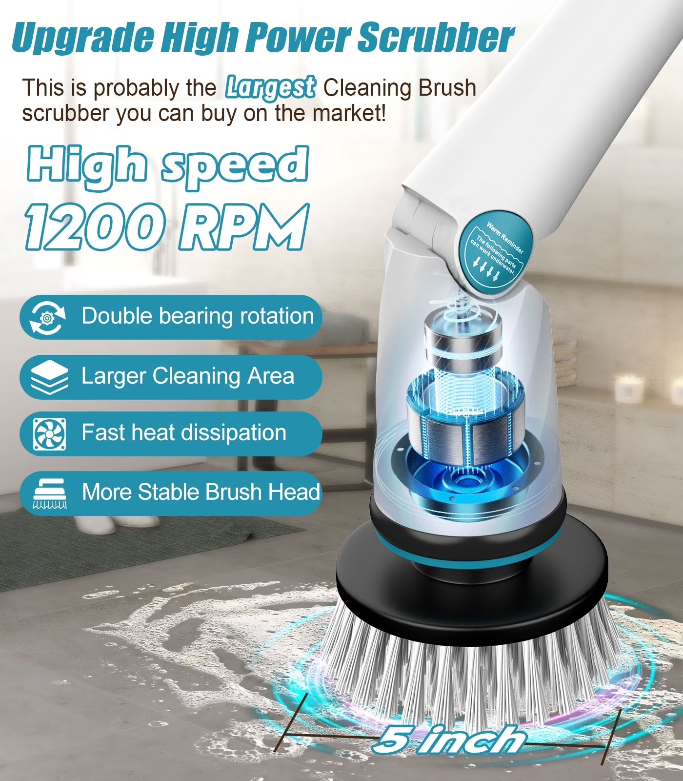 Electric Spin Scrubber with 6000 Mah Large Battery, 1200 RPM Cordless Cleaning Brush with 8 Replaceable Heads, Extension Handle & Display, Power Brush for Bathroom/Shower/Tub