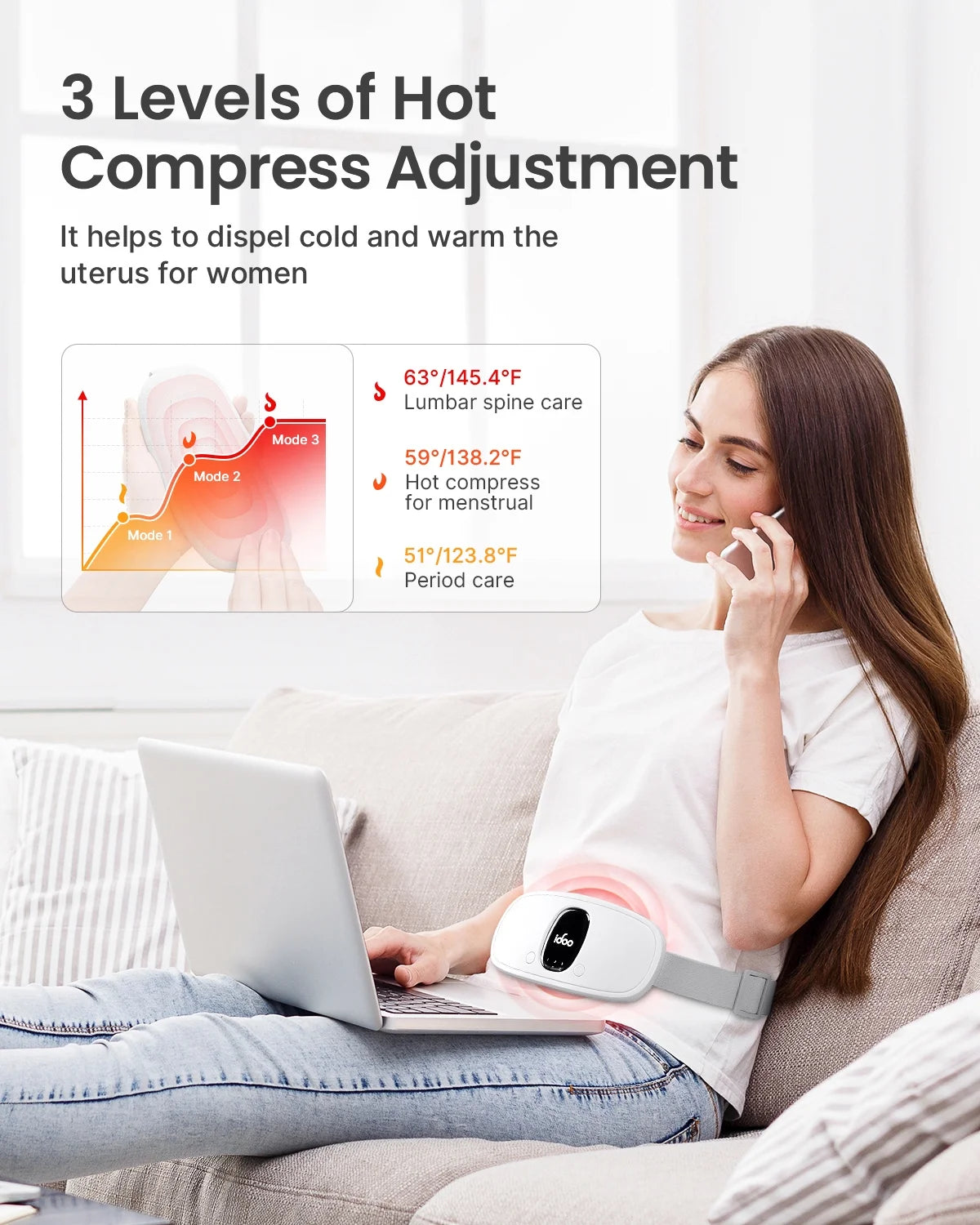 Cordless Heating Pad for Period Cramps, 3 Heat Setting, 3 Massage Modes,Birthday Mothers Day Gifts for Girlfriend Mom Wife Women, FSA HSA Eligible, White