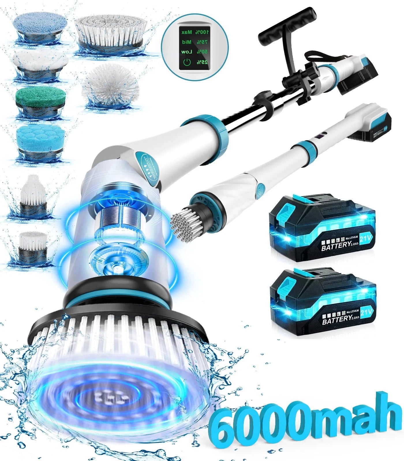 Electric Spin Scrubber with 6000 Mah Large Battery, 1200 RPM Cordless Cleaning Brush with 8 Replaceable Heads, Extension Handle & Display, Power Brush for Bathroom/Shower/Tub