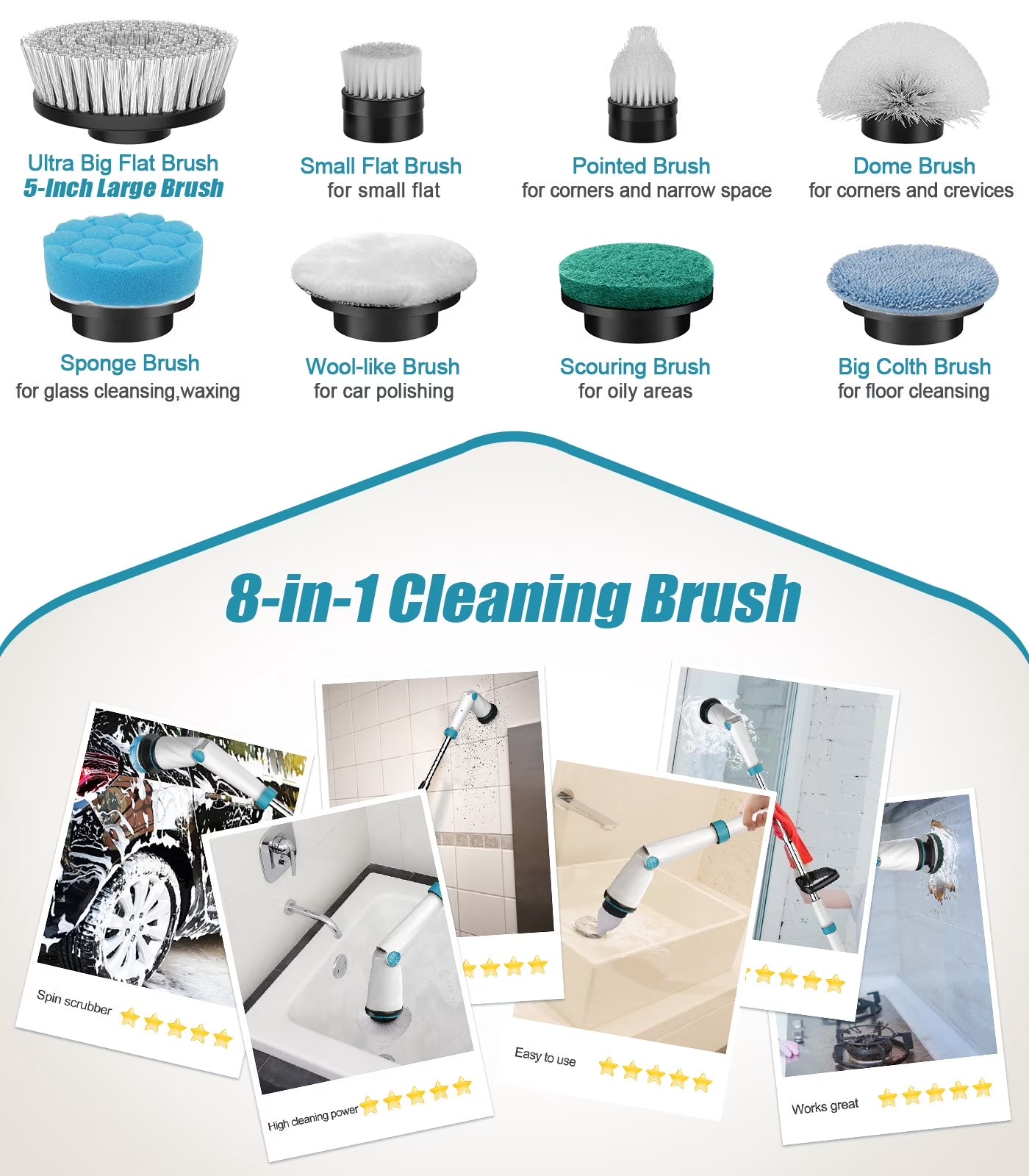 Electric Spin Scrubber with 6000 Mah Large Battery, 1200 RPM Cordless Cleaning Brush with 8 Replaceable Heads, Extension Handle & Display, Power Brush for Bathroom/Shower/Tub