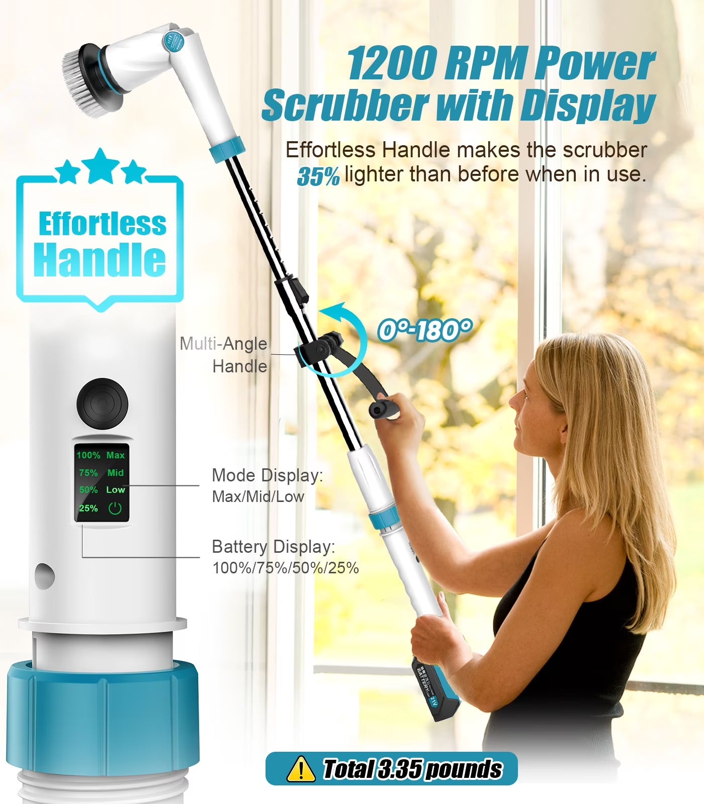 Electric Spin Scrubber with 6000 Mah Large Battery, 1200 RPM Cordless Cleaning Brush with 8 Replaceable Heads, Extension Handle & Display, Power Brush for Bathroom/Shower/Tub