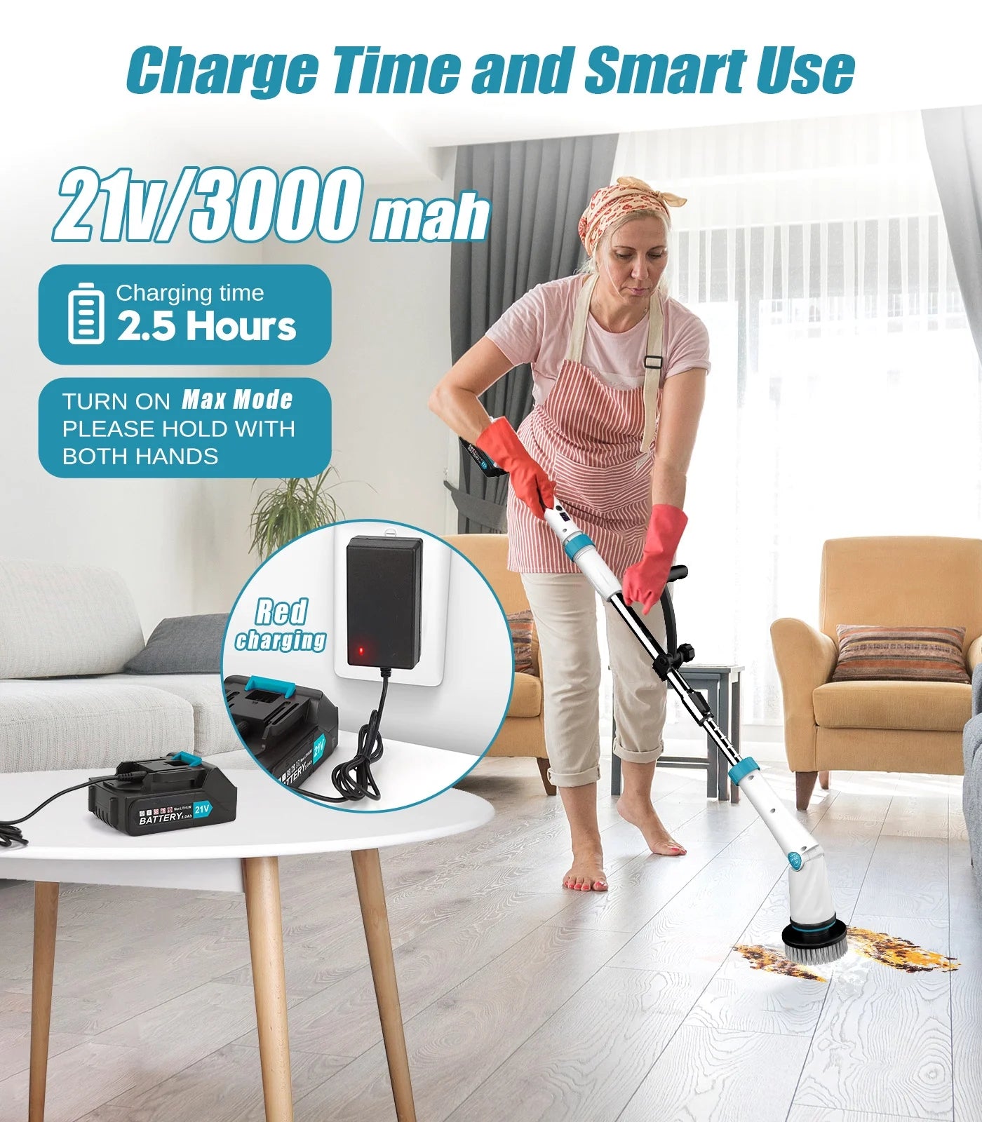 Electric Spin Scrubber with 6000 Mah Large Battery, 1200 RPM Cordless Cleaning Brush with 8 Replaceable Heads, Extension Handle & Display, Power Brush for Bathroom/Shower/Tub